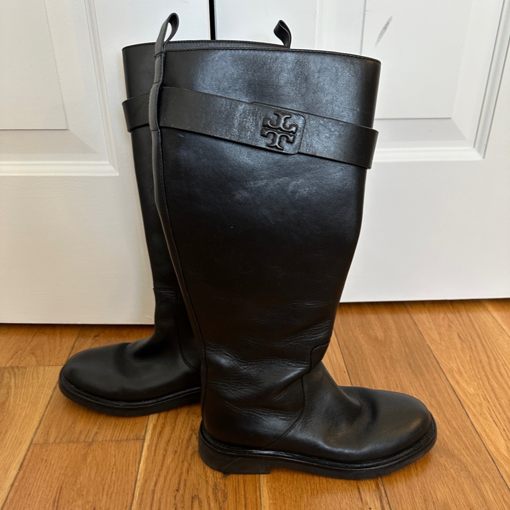 Tory Burch double T Black Leather Tall Boots like new!!!!
